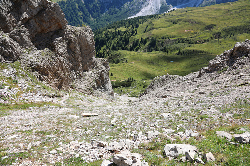 impervious rock gully and leads to the valley in the European Alps without people