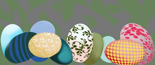 Illustration of Easter eggs, decorative look on a green gray background.