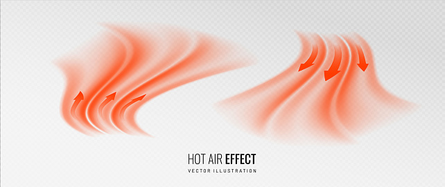 Hot air flow effect icon on transparent background. Warm air element for heater. Gradient curve line - vector illustration.