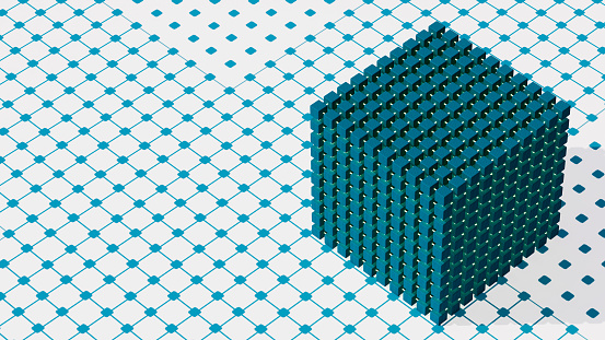 Cube formed by cubes with circuits on white stage, information and technology data theme, 3d illustration, horizontal image