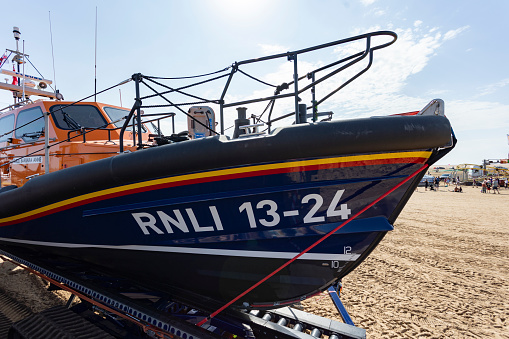 Lytham st annes Lancashire uk 9th September 2023, RNLI lifeboat moored on lytham beach during summer holidays