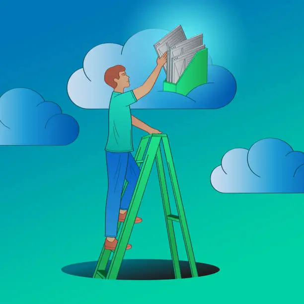 Vector illustration of Man putting file into cloud storage