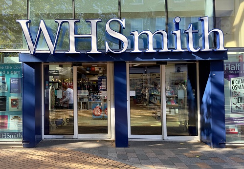 Chelmsford, UK - September 25, 2023: A glass-fronted WH Smith news and book store in the city centre, Chelmsford, Essex, UK.