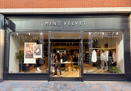 Chelmsford, UK - September 25, 2023: Mint Velvet clothes shop in the modern upmarket city centre shopping complex at Bond Street, Chelmsford, Essex, UK.