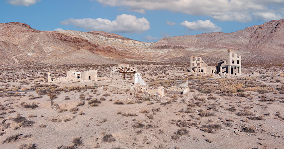 Aerial view of Rhyolite Nevada. An abandoned mining ghost town located in the Death Valley desert.