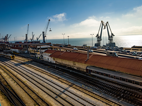 Aerial images at day time of a port and all the logistics in practice for the development of the freight transport activity