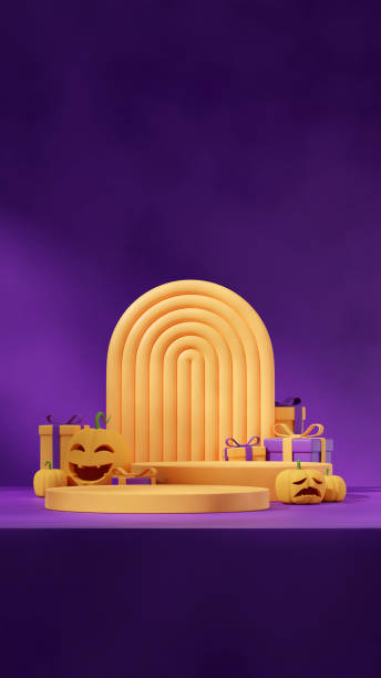 istock 3d image render template mockup yellow cylinder podium in portrait gift box and jack o' lantern 1710366811