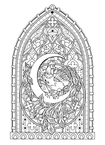 Fantasy Gothic stained glass window with fabulous cock sitting on the moon. Medieval architecture in western Europe. Black and white drawing for coloring book. Worksheet for children and adults.