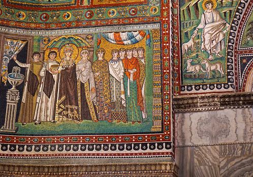 Mosaic of Empress Theodora with attendants from the Basilica of San Vitale, Ravenna, Emilia-Romagna, Italy.