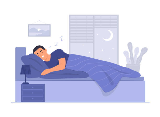 Man Sleeping in Bed and Snoring at Night Man sleeping in bed and snoring at night concept illustration drawing of mattress stock illustrations