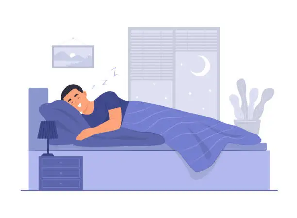 Vector illustration of Man Sleeping in Bed and Snoring at Night