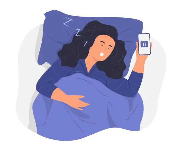 Vector illustration of Woman Sleeping in Bed with Mobile Phone in Hand
