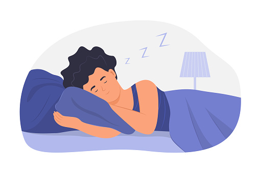 Woman sleeping in bed and snoring at night concept illustration
