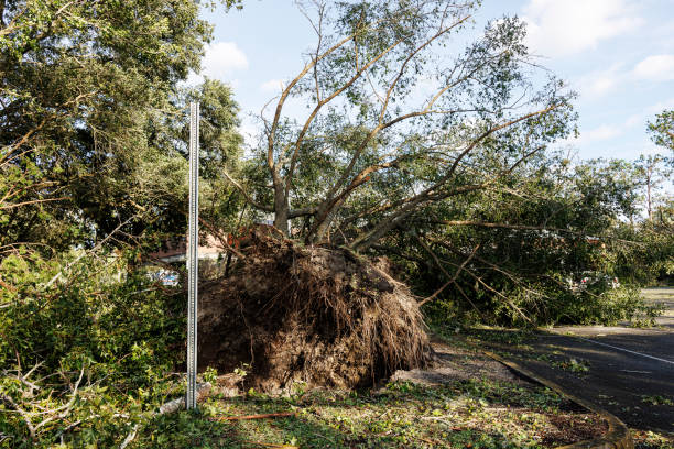 istock Tropical storm aftermath. Uprooted trees block the road in small community. Exposed soil and roots on the highway in Perry, North Florida 1710482840