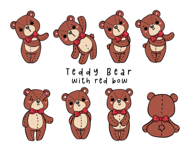 Cute innocence Teddy Bear Cartoon Doodle Collection, Adorable Hand Drawn Poses collection of innocent teddy bear doodles. These adorable hand-drawn sketches depict the bear in various playful poses, perfect for evoking childhood happiness. Ideal for nursery decor and baby-related projects. happ stock illustrations
