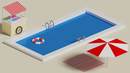 3D Isometric illustration of a summer scene with a swimming pool and an icecream truck (3d Render, CGI)