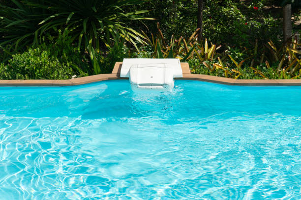istock Pool water filtration system. Pure water. white filter for pool water. View from above. 1710518095