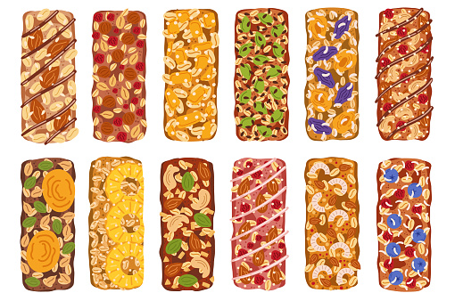 Wholesome Assortment Of Nutritious Granola Bars, Packed With Natural Ingredients, Fiber, And Energy-boosting Goodness. The Perfect Snack For On-the-go Wellness. Isolated Cartoon Vector Illustration