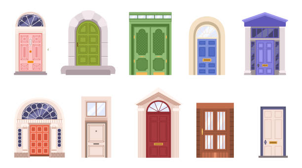 Vintage Doors Isolated Set. Countryside Cottage Doorways With Weathered Wood, Intricate Carvings, And Antique Hardware Vintage Doors Isolated Set. Countryside Cottage Doorways with Weathered Wood, Intricate Carvings, And Antique Hardware, Adding A Touch Of History To Retro Architecture. Cartoon Vector Illustration fairy door fairy tale antique stock illustrations