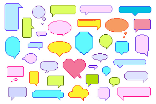 Versatile Pixel Speech Bubble Set With Vibrant Retro-inspired Designs. Perfect For Digital Communications And Creative Projects. Isolated Colorful Pixelated Speak Clouds. Cartoon Vector Illustration