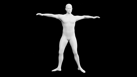 Beautiful young athletic man dancing energetically in hip hop style, isolated on black background. 3d illustration (rendering). Shiny white mannequin, android.