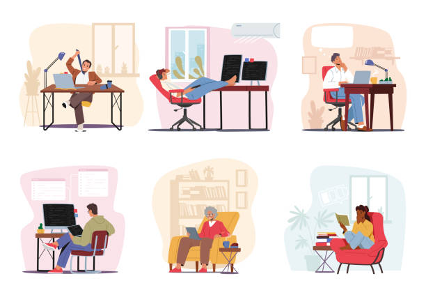 Characters Engrossed In Their Computers. Focused, Productive, And Interconnected In The Digital Realm, Vector Characters Engrossed In Their Computers. Focused, Productive, And Interconnected In The Digital Realm, They Navigate The Virtual World. People Working at Home or Office. Cartoon Vector Illustration computer programming desk stock illustrations