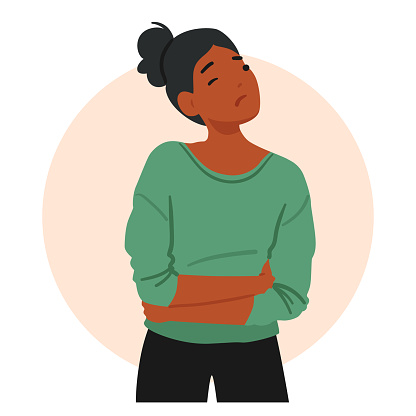 Woman Character Experiencing Abdominal Pain, Due To Gastritis, Displays Discomfort And Distress, Seeking Relief And Medical Attention For Her Digestive Symptoms. Cartoon People Vector Illustration