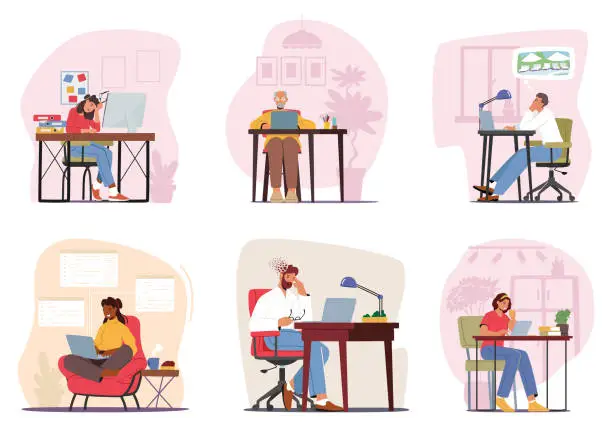 Vector illustration of Characters With Laptops And Desktop Computers, Engrossed In Work Or Leisure Activities, Diverse People Productivity