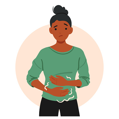 Woman Grimaces, Clutching Her Stomach In Discomfort, African American Female Character Experiences Symptoms Of Gastritis, Such As Indigestion or Abdominal Pain. Cartoon People Vector Illustration