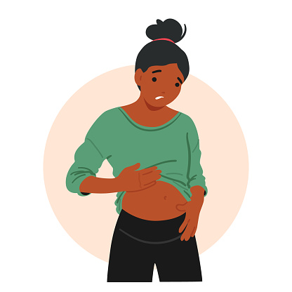 Woman Character Experiencing Bloating Gastritis Symptom Appears Uncomfortable, With Abdominal Distension, And Discomfort, Due To Inflammation In The Stomach Lining. Cartoon People Vector Illustration