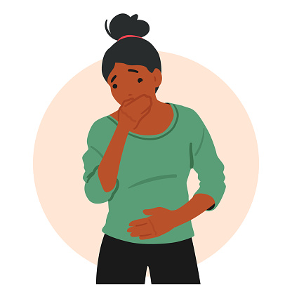 Woman Character Experiencing Gastritis Exhibits Vomiting, A Distressing Symptom Accompanied By Abdominal Discomfort, Nausea, And Dehydration, Requiring Medical Attention. Cartoon Vector Illustration