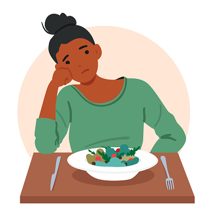 Female Character Experiencing Appetite Loss Due To Gastritis Disease. Woman Feel Full Quickly After Consuming Small Amount Of Food, Leading To Potential Weight Loss. Cartoon People Vector Illustration