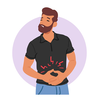 Male Character Experiencing Abdominal Discomfort, Symptom Of Gastritis. Man Feel Pain, And Discomfort In The Stomach Area, Often Accompanied By Indigestion. Cartoon People Vector Illustration