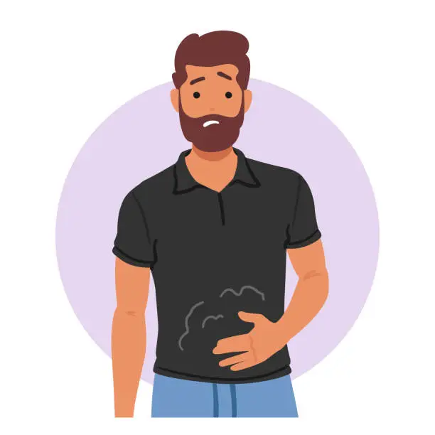 Vector illustration of Male Character Displays Discomfort Due To Indigestion, Showing Symptom Of Gastritis, Such As Abdominal Pain