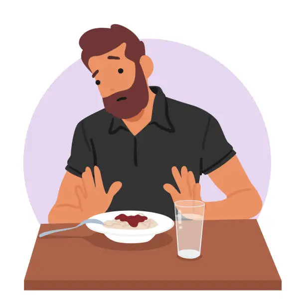Vector illustration of Man Experiencing Appetite Loss As A Gastritis Symptom, Reduced Cravings For Food, Decreased Enjoyment Of Eating