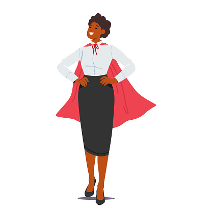 Businesswoman Superhero, Successful, Influential, Powerful Figure In Corporate World. She Combines Her Exceptional Entrepreneurial Skills And Leadership Qualities. Cartoon People Vector Illustration
