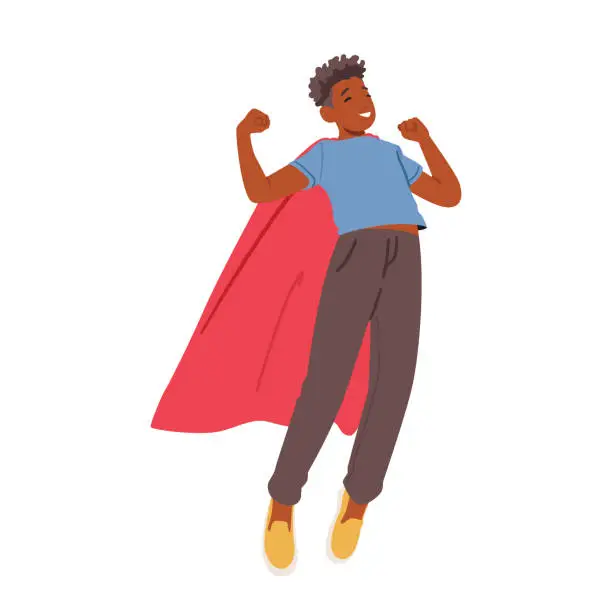 Vector illustration of Teenage Boy Superhero, Courageous And Determined Character Wear Red Cape Show Muscles and Exceptional Power