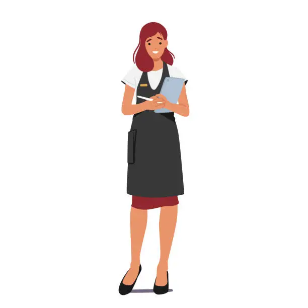 Vector illustration of Restaurant Administrator Female Character Wear Uniform Holding Tablet And Pen, Oversees Daily Operations