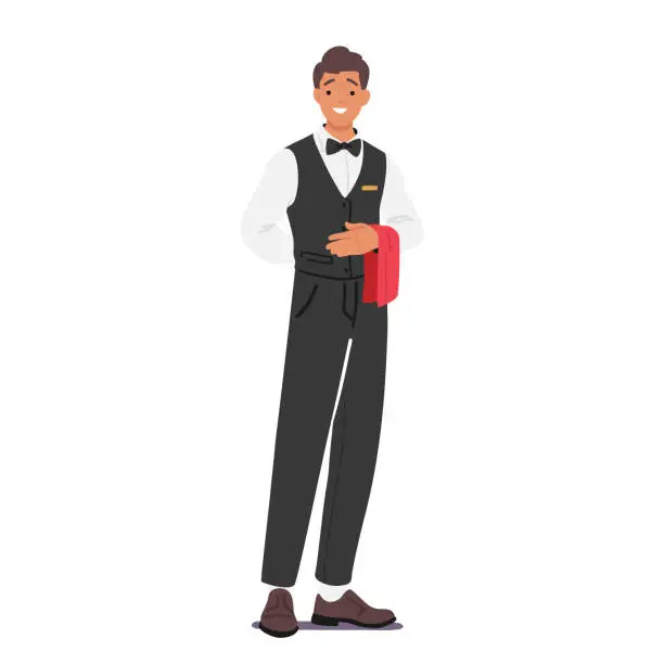 Vector illustration of Restaurant Waiter Male Character. Hospitable And Attentive Individual Who Provides Exceptional Service To Customers