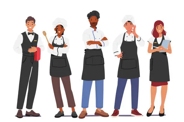 Vector illustration of Restaurant Workers, Administrator, Chef and Waiter Stand In A Row, Ready To Serve. Hospitality Staff Characters