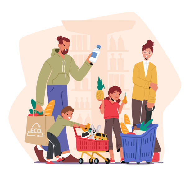 Cheerful Family Characters With Kids Strolling Through A Supermarket, Their Cart Filled With Groceries, Vector Cheerful Family Characters With Kids Strolling Through A Supermarket, Their Cart Filled With Groceries. Smiles, Laughter, And Bonding Moments Amid The Aisles. Cartoon People Vector Illustration supermarket aisles vector stock illustrations