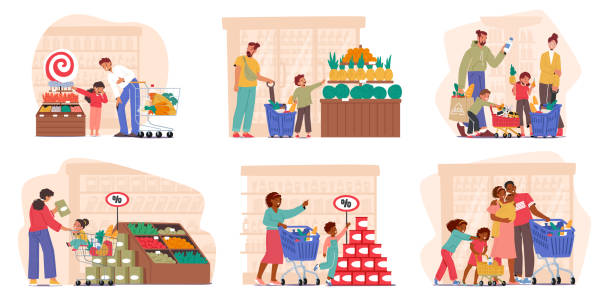 Family Characters Navigate Aisles In The Supermarket, Children Eager For Treats, Parents Juggling Lists, And Groceries Family Characters Navigate Aisles In The Supermarket, Children Eager For Treats, Parents Juggling Lists, And Groceries As They Shop Together For Daily Essentials. Cartoon People Vector Illustration supermarket aisles vector stock illustrations
