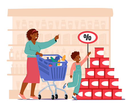 Mother Character And Her Young Son Excitedly Browse For Discounted Items In Bustling Supermarket, Finding Great Deals While Bonding During Their Shopping Adventure. Cartoon People Vector Illustration