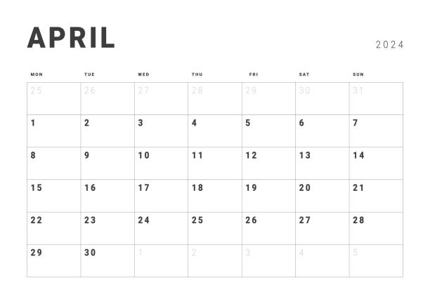 illustrazioni stock, clip art, cartoni animati e icone di tendenza di modelli di agenda calendario della pagina mensile di aprile 2024. layout vettoriale del calendario semplice con inizio settimana lunedì per la stampa. pagina per formato a4 o 21x29,7 cm - april