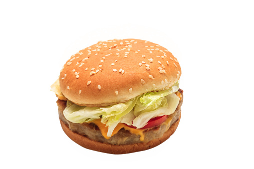 Hamburger with organic vegetables, fast food on white background