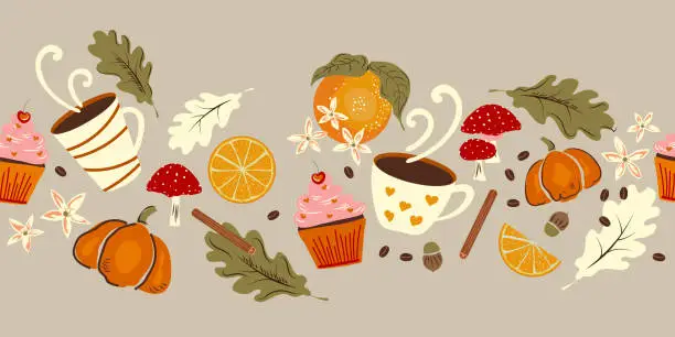 Vector illustration of Autumn food seamless pattern with, leaves, acorn, cinnamon, coffee, pumpkin, cupcake and  mushrooms. Autumn harvest festival, Halloween, Happy Thanksgiving natural color background design