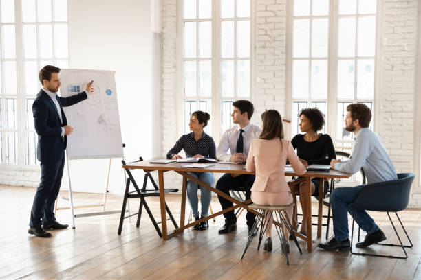 istock Caucasian male speaker make whiteboard presentation to colleagues 1710527766