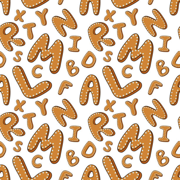 Cartoon alphabet cookie Christmas seamless pattern Cartoon vector illustration Ginger bread Cookies. Hand drawn Christmas seamless pattern with font. Actual Creative Holidays bake alphabet christmas menu template clip art stock illustrations