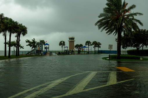 St. Petersburg, Florida hit by storm in Tampa Bay. Underwater streets and parking lots with palm trees in early morning