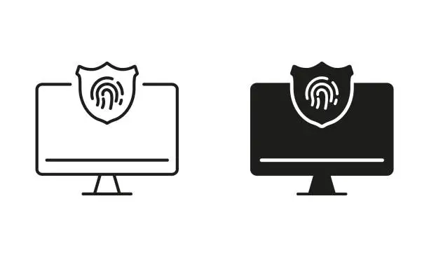 Vector illustration of Computer with Touch ID Technology Line and Silhouette Black Icon Set. Security Password Access to Server, Shield on Display. Fingerprint Identification Symbol Collection. Isolated Vector Illustration